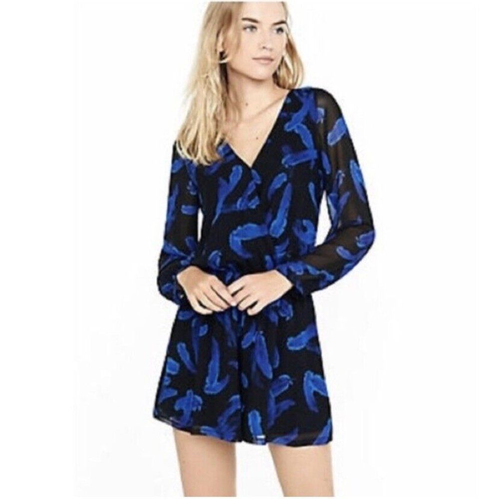 Express Royal Blue Feather Print Romper Surplice Black  Long Sleeve